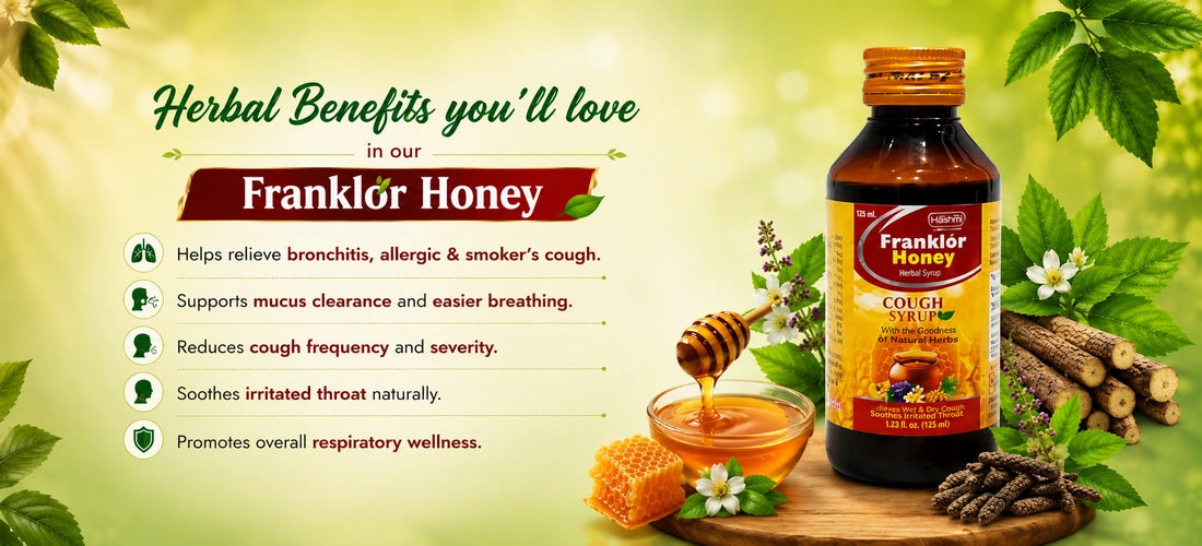 Herbal benefits of Franklor Honey Cough Syrup for cough and throat comfort