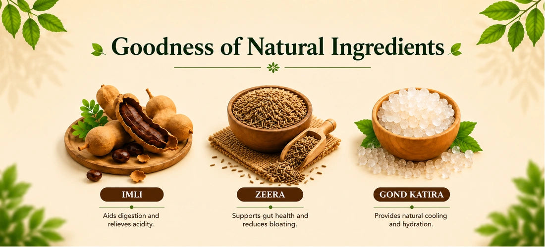 Imli Zeera Sharbat with Imli, Jeera and Gond Katira ingredients