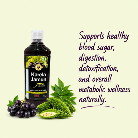 Karela Jamun juice with neem for overall metabolic wellness supporting healthy blood sugar, digestion and detoxification.