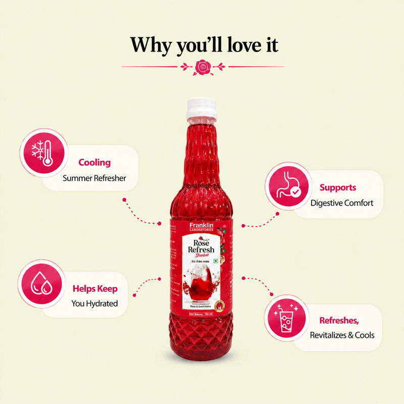 Benefits of Rose Refresh Sharbat for cooling hydration and refreshment