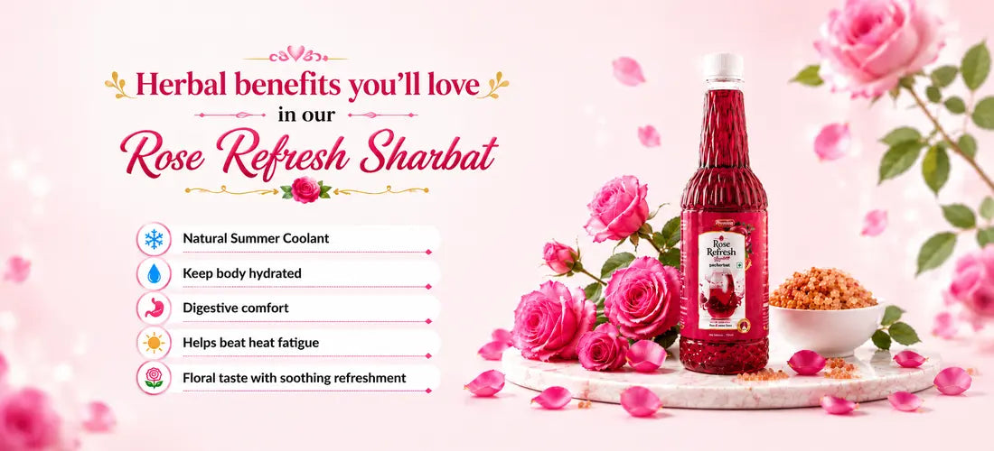 Herbal benefits of Rose Refresh Sharbat for hydration and digestive comfort